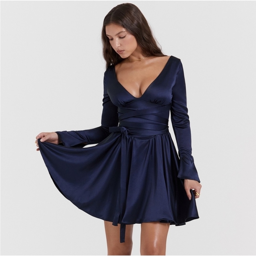 House of CB Dominique Crossover Strap Plunge Spruce Blue Mini Dress Size XS - Picture 4 of 8
